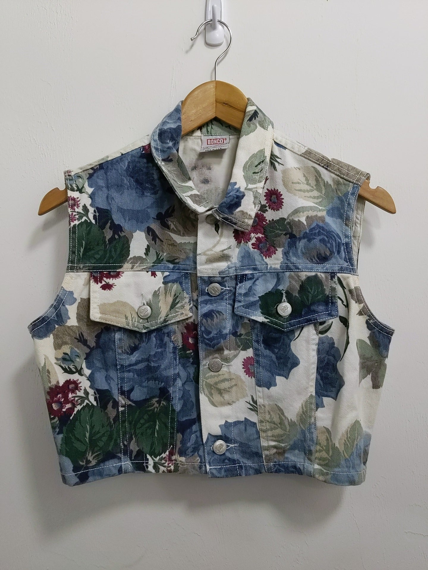 [L] Vintage Bongo Cropped Floral Print Denim Vest