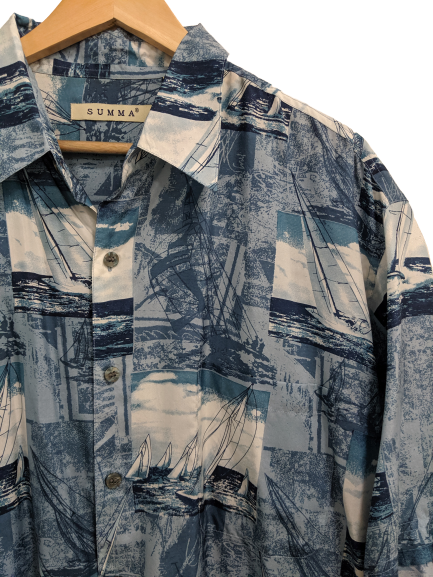 [L] Sailboat Print Silk Button-Down Shirt